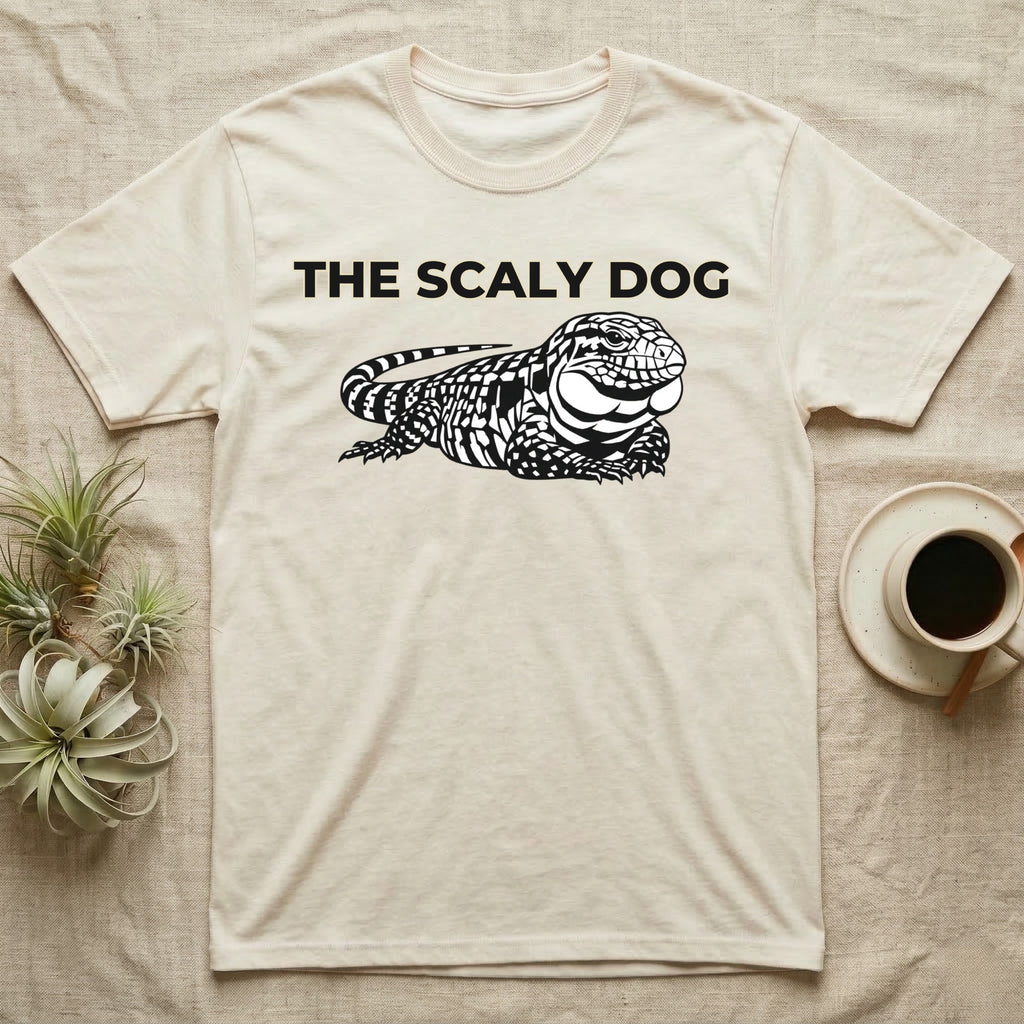 Cream t-shirt with black "THE SCALY DOG" text and lizard graphic.