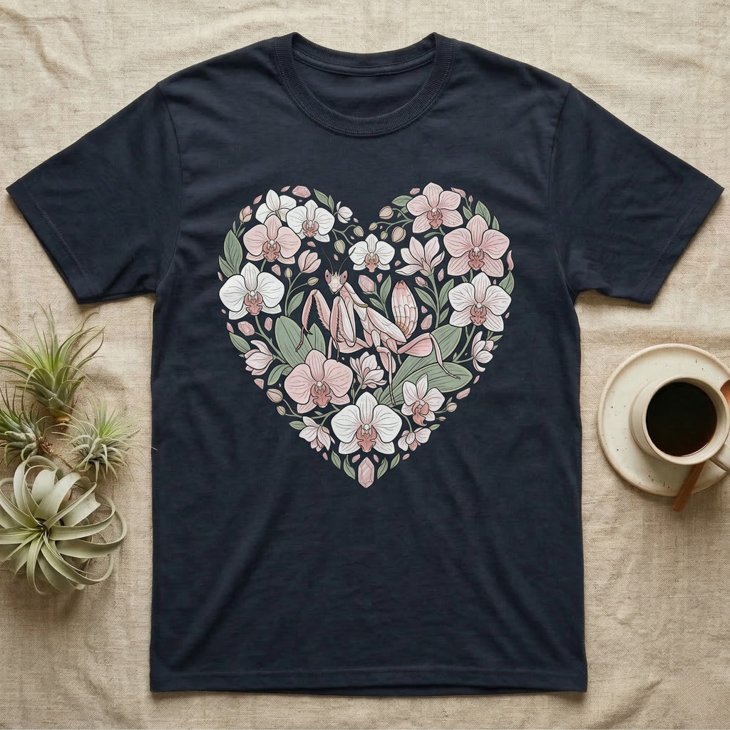 Dark t-shirt with a heart-shaped floral design featuring a praying mantis.