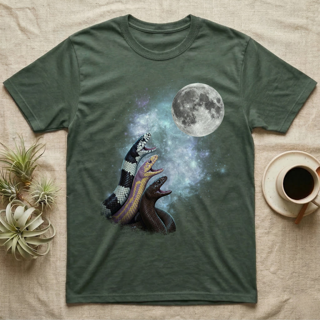 California Kingsnake Moon Howl T-Shirt in Military Green — Three California Kingsnake colour morphs howling at a full moon over a nebula on a dark grey t-shirt.