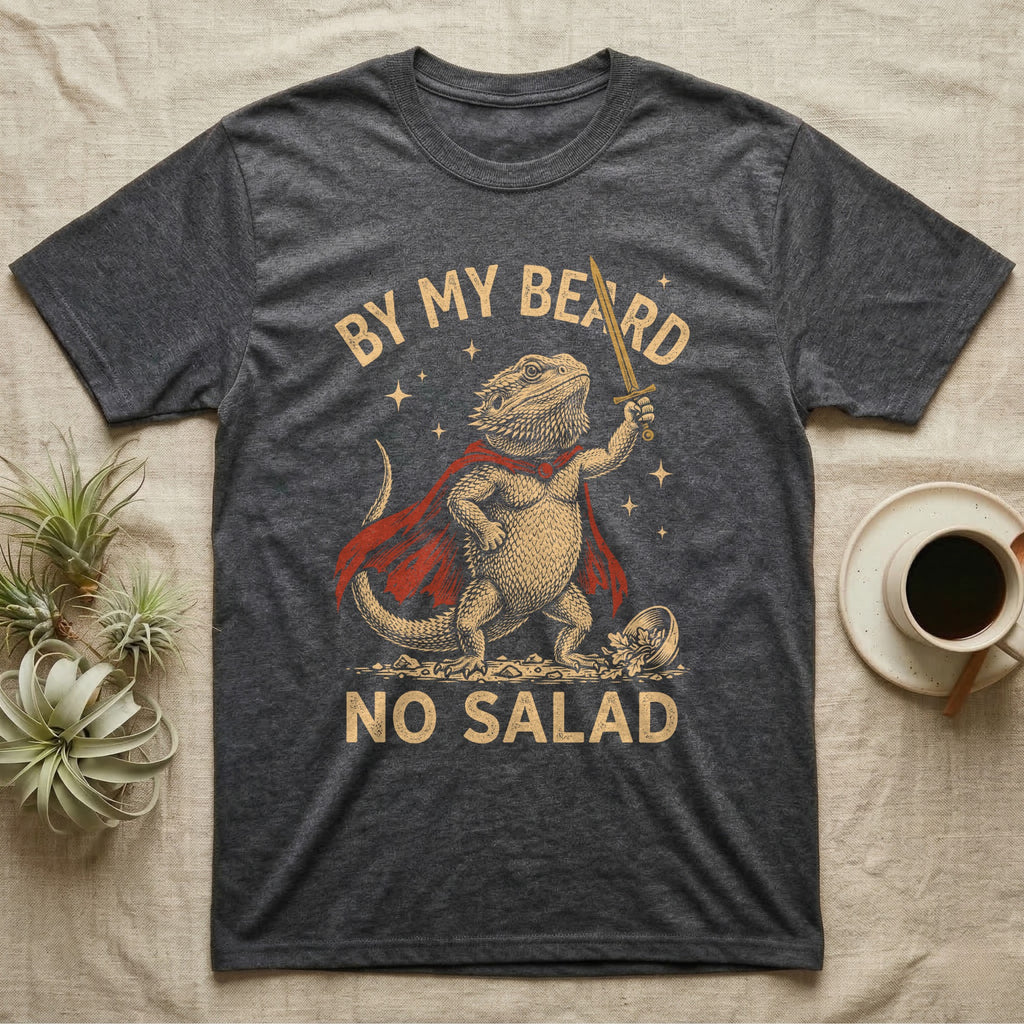 Bearded Dragon Knight T-Shirt in Dark Heather — Scratchboard bearded dragon knight with red cape and gold sword by a tipped salad bowl, lettered BY MY BEARD NO SALAD