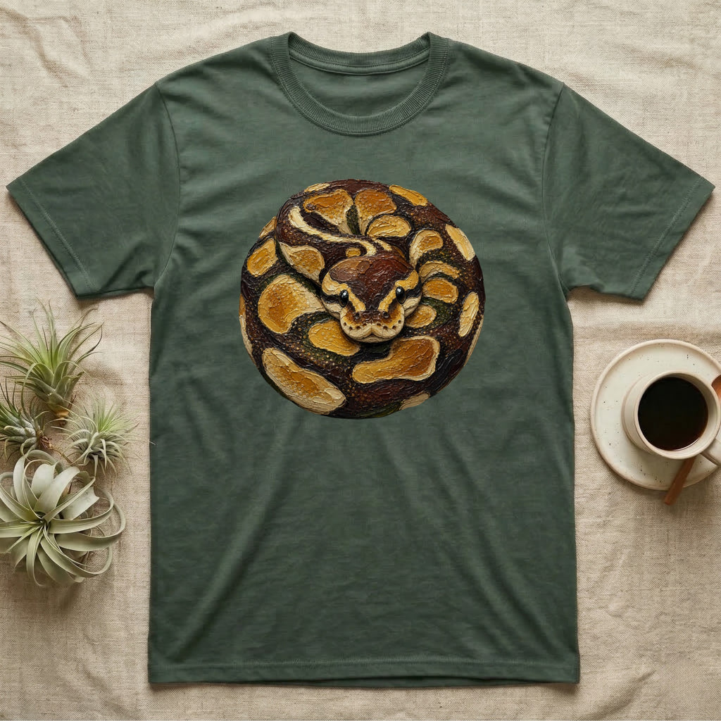 Green t-shirt with a coiled snake design and a coffee cup.