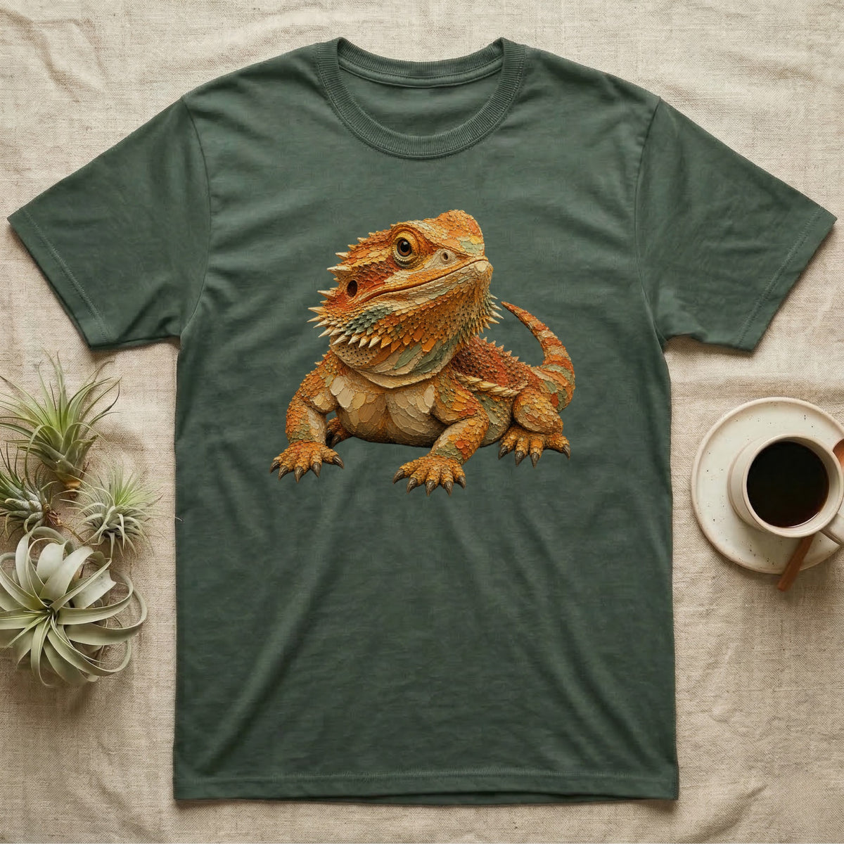 Green t-shirt featuring an orange and brown bearded dragon illustration.