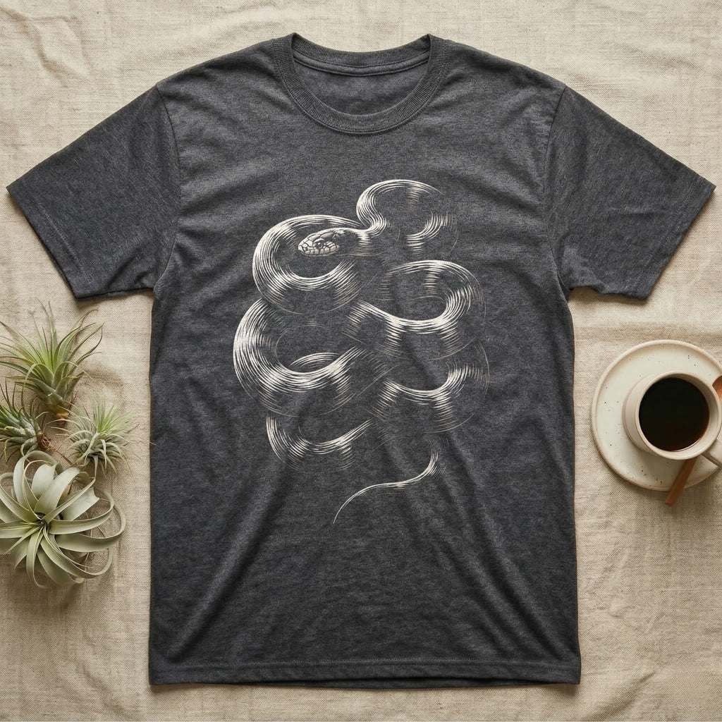 California Kingsnake Coil T-Shirt in Dark Heather — Cream rim-light drawing of a coiled California kingsnake on near-black, its banding tracing the coil