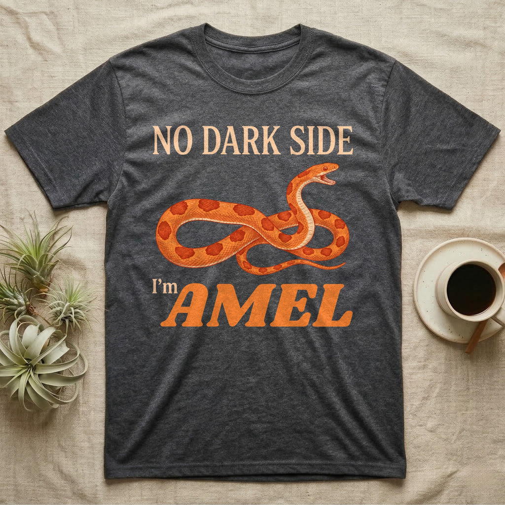 Amel Corn Snake T-Shirt in Dark Heather — Orange engraved amel corn snake with orange-red saddles mid-hiss between peach and orange lettering reading NO DARK SIDE, I'm AMEL
