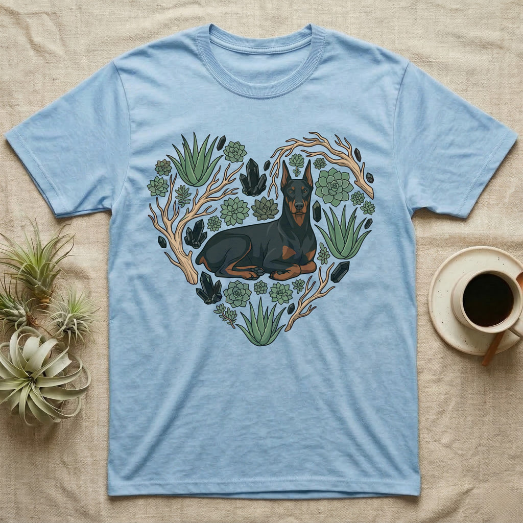 Light blue t-shirt with a Doberman Pinscher in a heart shape surrounded by succulents and crystals.