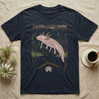 Axolotl Home Range T-Shirt in Navy — Woodcut-style illustration of an axolotl drifting among reeds and lily pads in a Xochimilco canal, no on-shirt text.