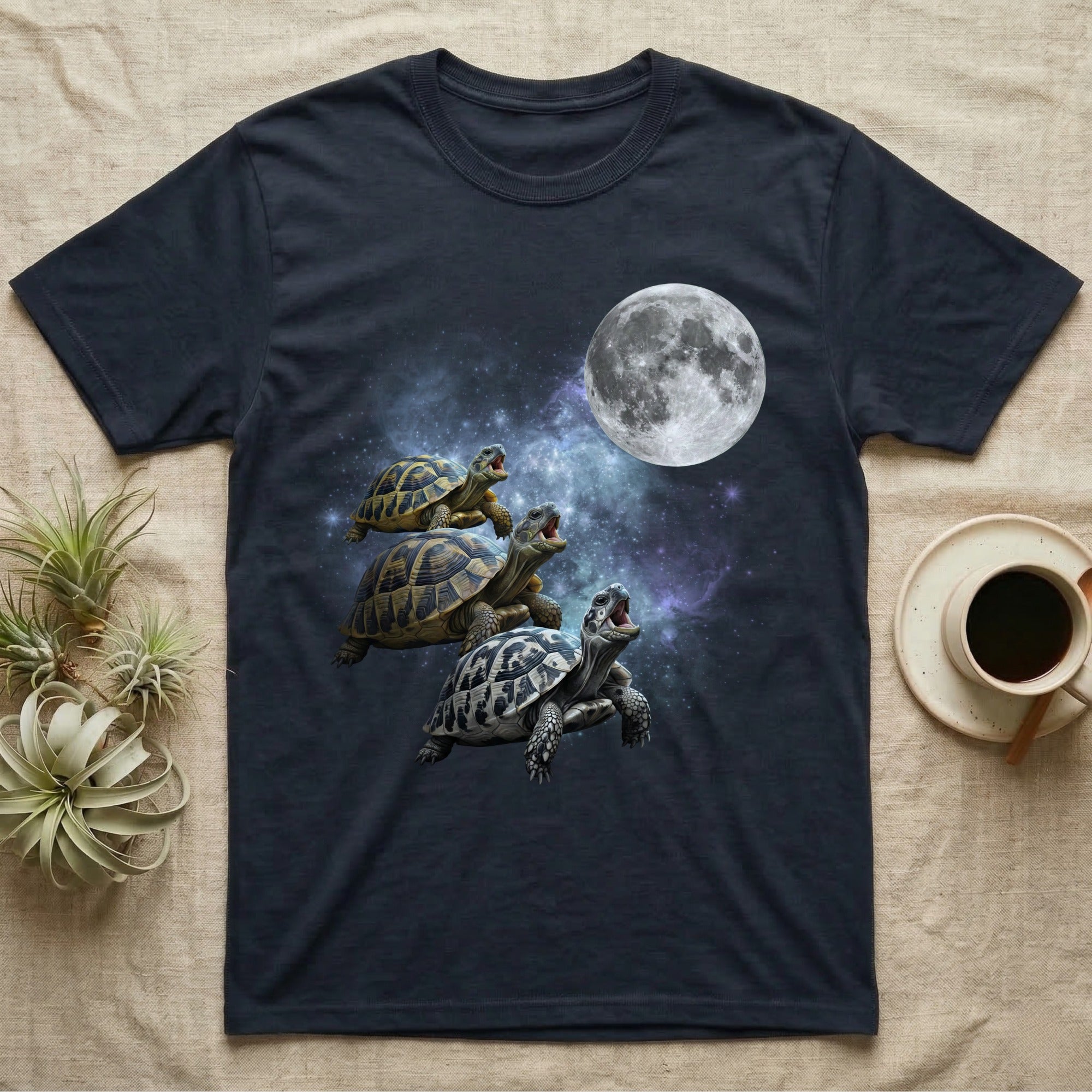 Hermann's Tortoise Moon Howl T-Shirt in Navy — Three Hermann's Tortoise colour morphs howling at a full moon over a nebula on a dark grey t-shirt.