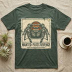 Jumping Spider Wanted T-Shirt in Military Green — Distressed wanted-poster illustration of a front-facing jumping spider with the banner text plots revenge below.