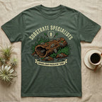Zebra Isopod Substrate Specialists T-Shirt in Military Green — Vintage crest of zebra isopods on a mossy cork log with crossed trowels and Armadillidium ribbon.