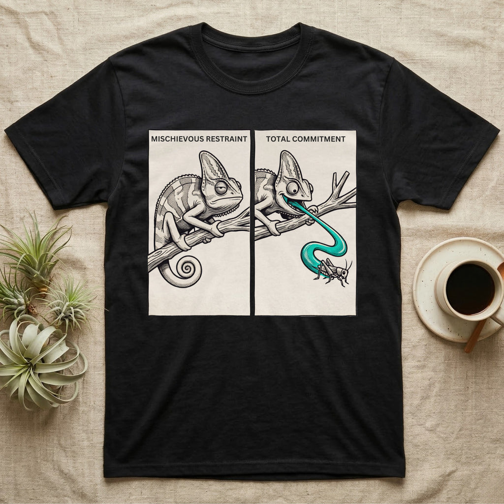 Veiled Chameleon Diet T-Shirt in Black — Two-panel vector illustration of a veiled chameleon, calm on the left and tongue mid-strike on the right.
