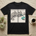 Veiled Chameleon Diet T-Shirt in Black — Two-panel vector illustration of a veiled chameleon, calm on the left and tongue mid-strike on the right.