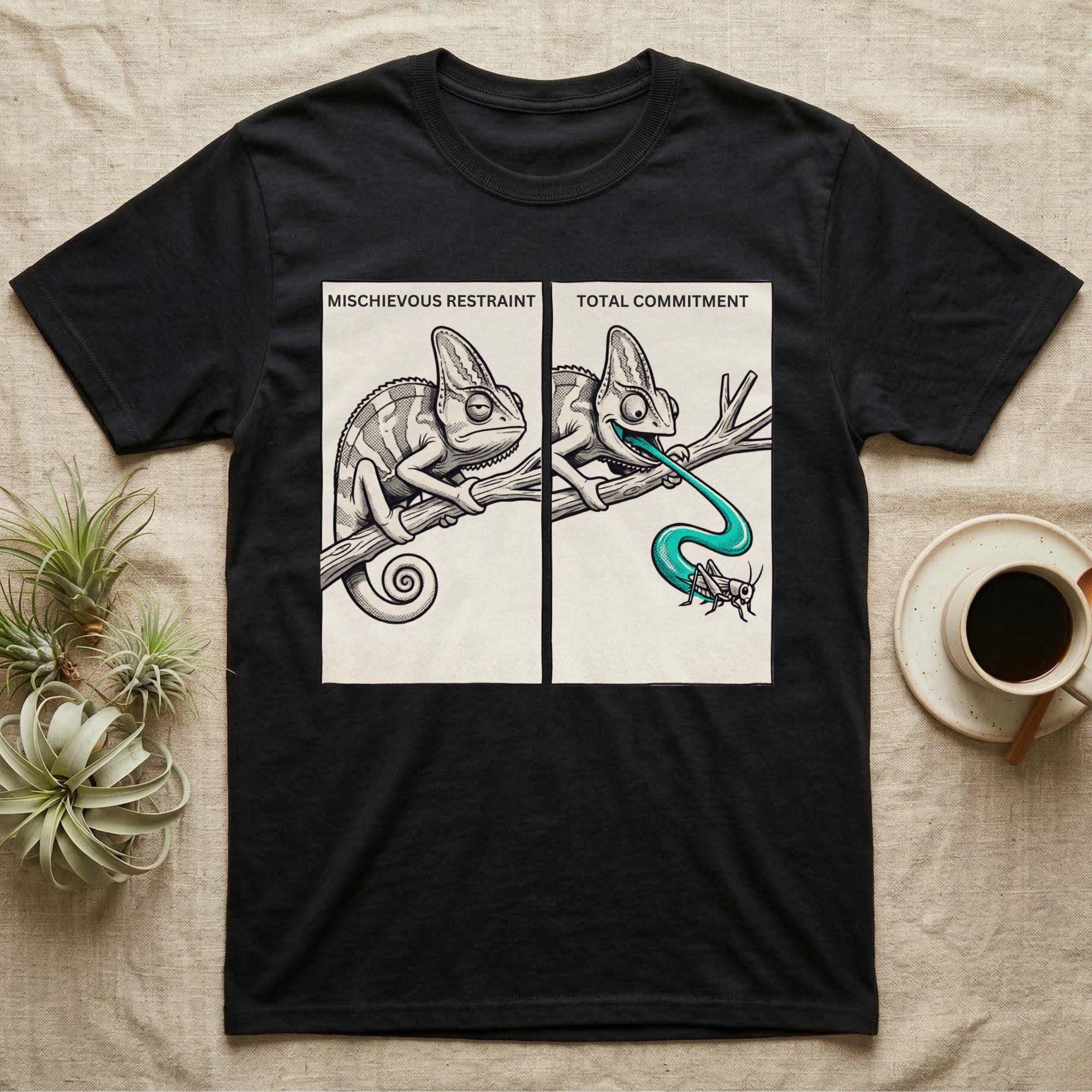 Veiled Chameleon Diet T-Shirt in Black — Two-panel vector illustration of a veiled chameleon, calm on the left and tongue mid-strike on the right.