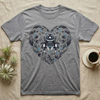 Grey t-shirt with a heart-shaped spider and nature-themed graphic.