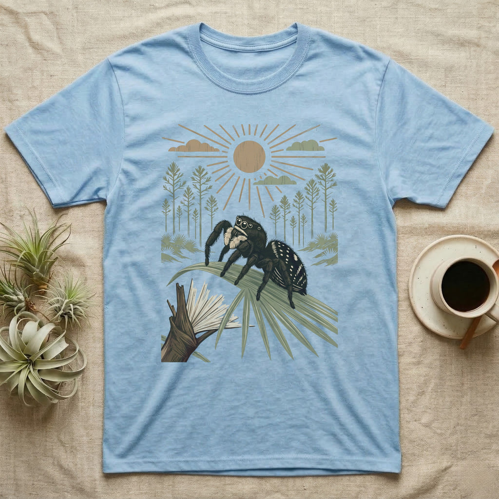 Jumping Spider Home Range T-Shirt in Light Blue — Woodcut-style illustration of a regal jumping spider perched on a saw palmetto blade with pines behind, no on-shirt text.