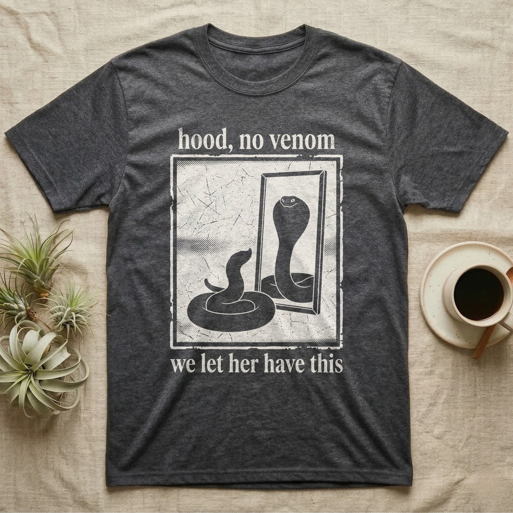 Western Hognose Hood No Venom T-Shirt in Dark Heather — One-bit photocopy western hognose snake in a bordered panel, its hooded reflection turned out with the only eyes.