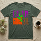 Tree Frog Toad-ally Ghoulish T-Shirt in Military Green — Neon green tree frog with a pumpkin pail clinging across stacked text, "Toad-ally Ghoulish."