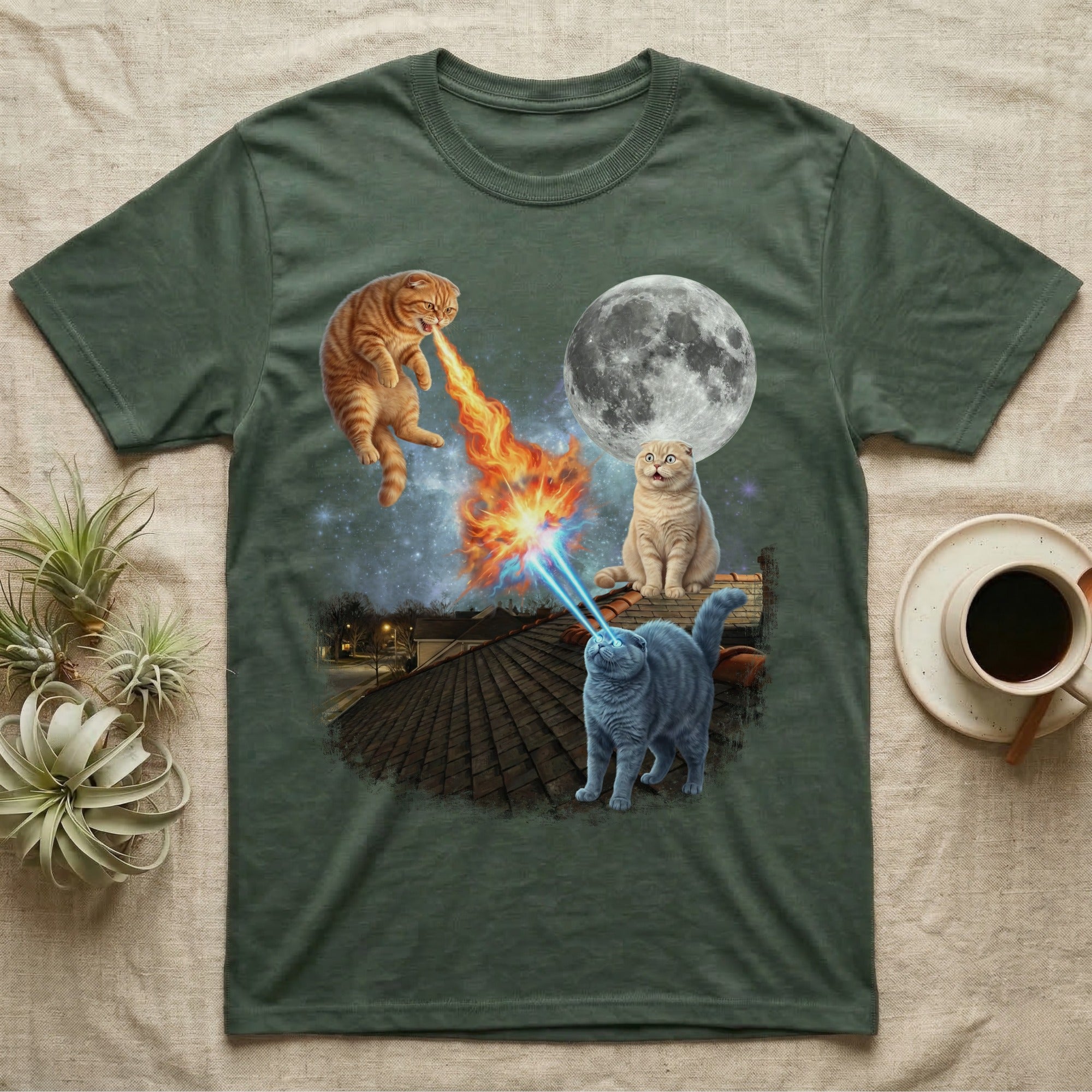 T-shirt with two cats, one breathing fire, the other shooting lasers at the moon.