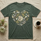Green t-shirt with a sleeping sugar glider surrounded by a heart-shaped floral design.