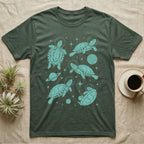 Red Eared Slider Cosmic T-Shirt in Military Green — Vintage screen-print illustration of red-eared slider turtles in astronaut helmets floating in space, cosmic teal monochromatic on dark background.