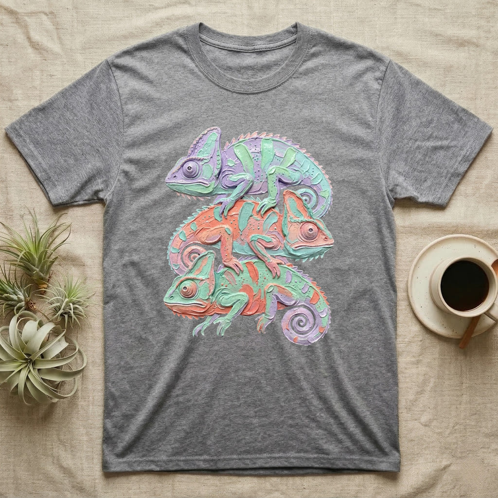 Gray t-shirt with three stacked chameleons in purple, coral, and green.
