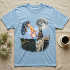 Cats with laser eyes and fire breath attack a full moon from a rooftop.