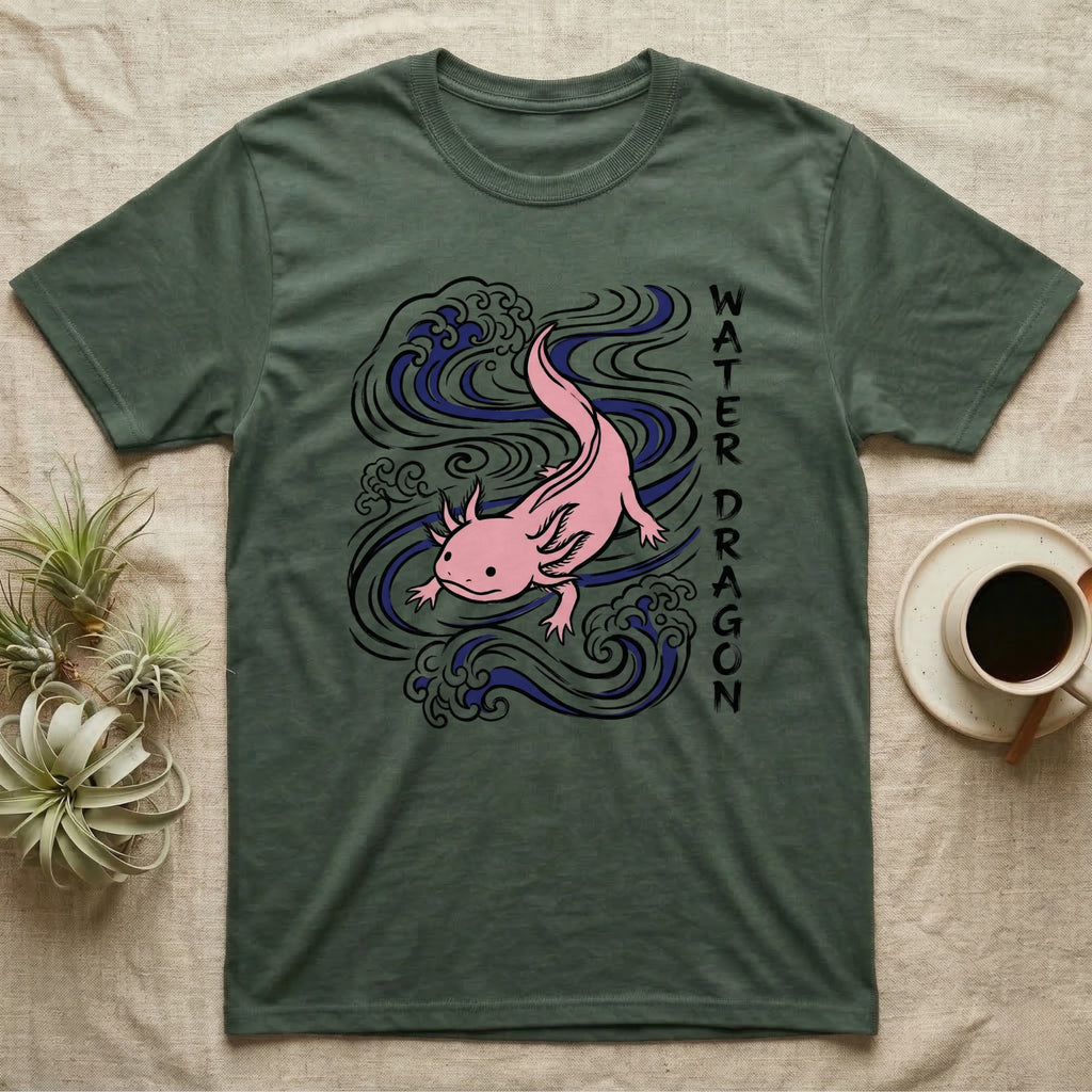Green t-shirt with pink axolotl and "WATER DRAGON" text.