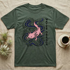 Green t-shirt with pink axolotl and "WATER DRAGON" text.