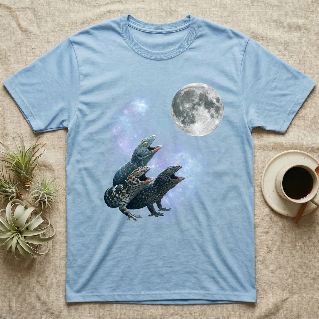 Tokay Gecko Moon Howl T-Shirt in Light Blue — Three Tokay Gecko colour morphs howling at a full moon over a nebula on a dark grey t-shirt.