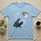 Tokay Gecko Moon Howl T-Shirt in Light Blue — Three Tokay Gecko colour morphs howling at a full moon over a nebula on a dark grey t-shirt.