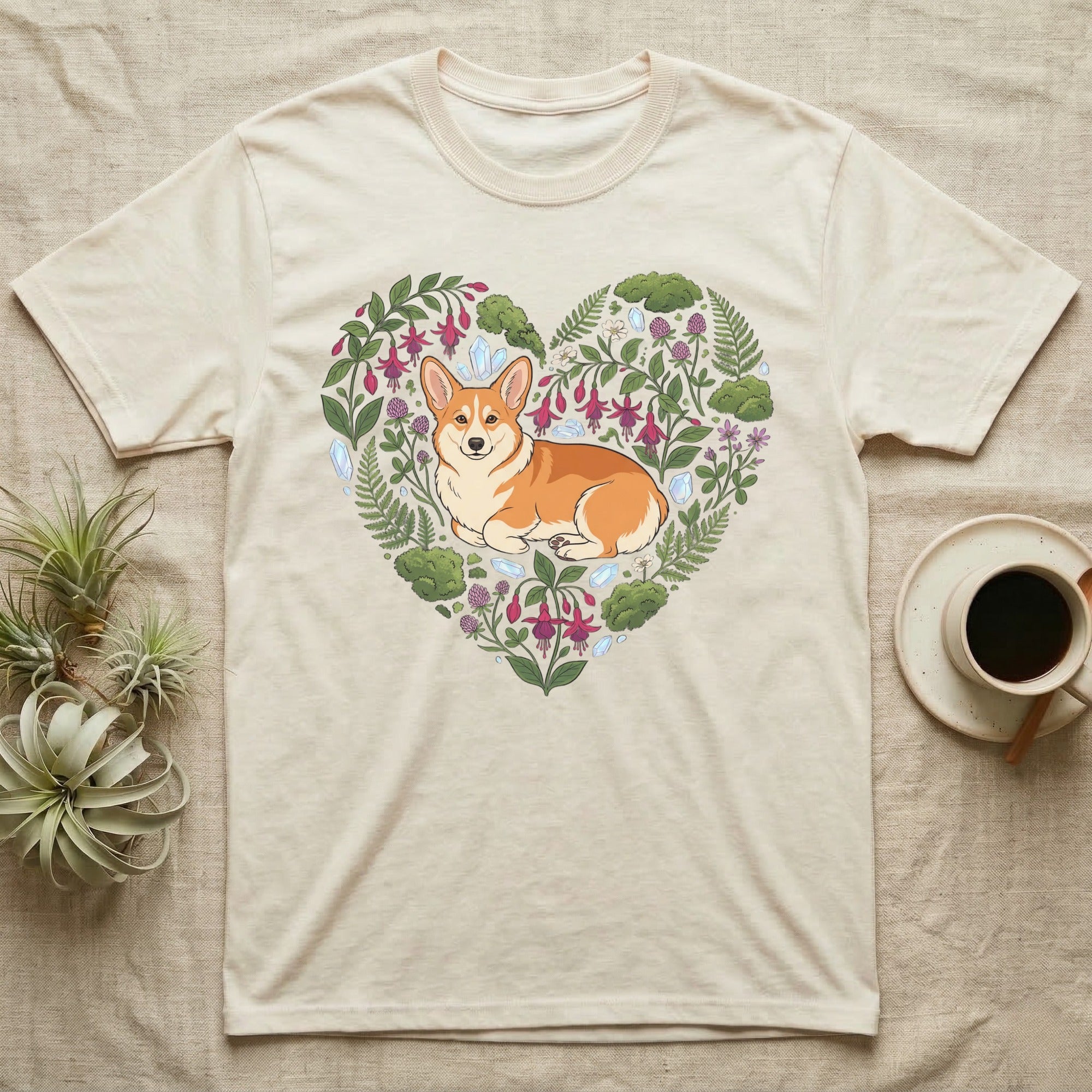 Cream t-shirt with a corgi and floral heart design.