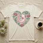 Cream t-shirt with axolotl and floral heart design.