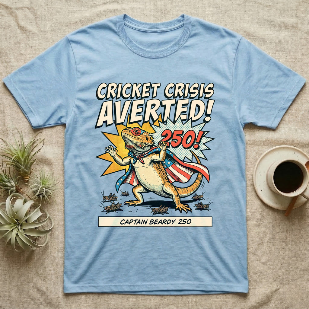 Bearded Dragon Superhero T-Shirt in Light Blue — Retro comic bearded dragon superhero in a flag cape with a 250 blast and text Cricket Crisis Averted, Captain Beardy.