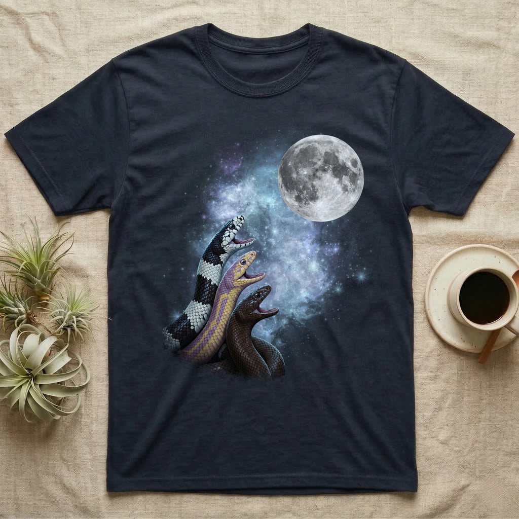 California Kingsnake Moon Howl T-Shirt in Navy — Three California Kingsnake colour morphs howling at a full moon over a nebula on a dark grey t-shirt.
