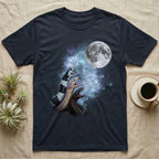 California Kingsnake Moon Howl T-Shirt in Navy — Three California Kingsnake colour morphs howling at a full moon over a nebula on a dark grey t-shirt.