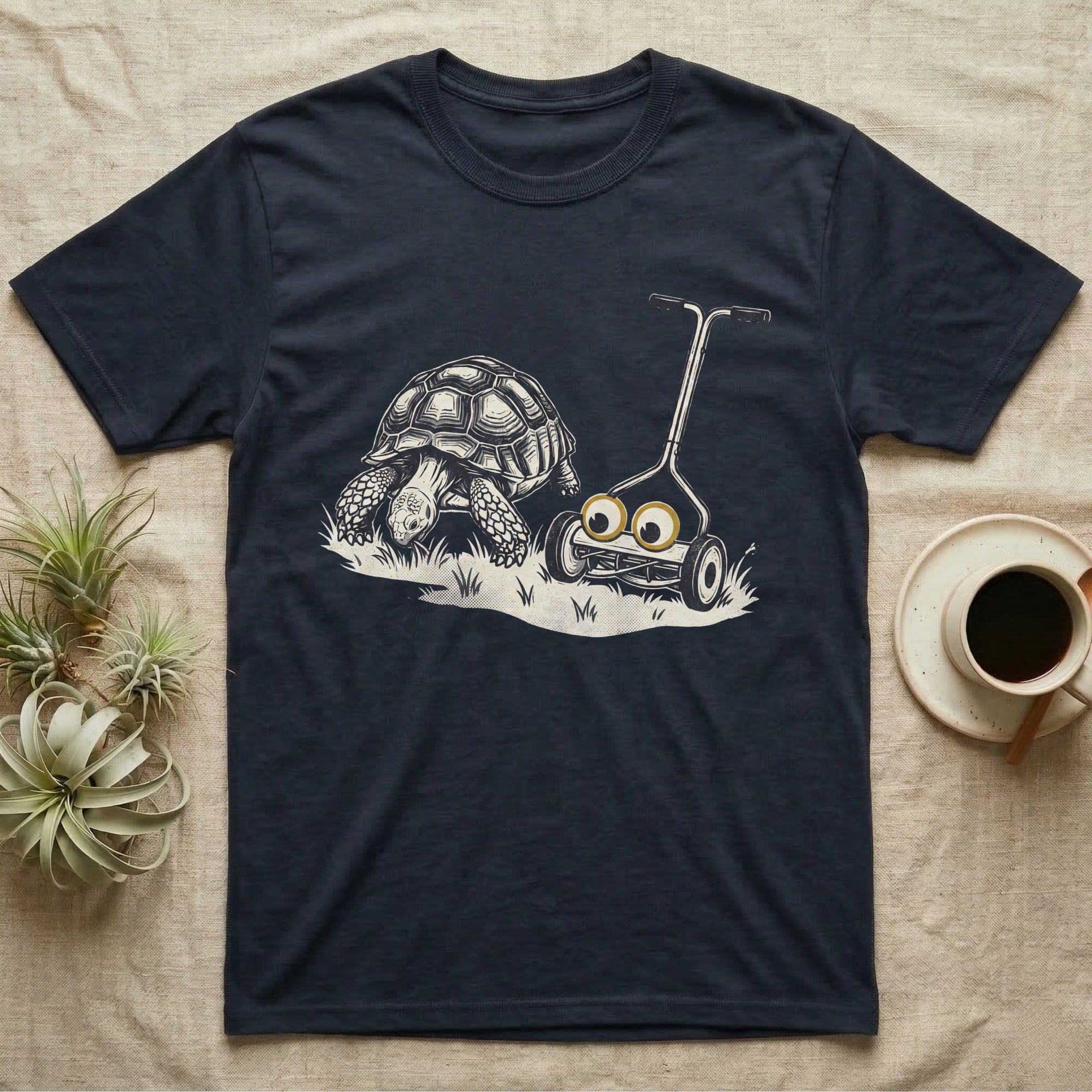 Tortoise Lawnmower Googly T-Shirt in Navy — Linocut illustration of a sulcata tortoise grazing beside a push mower wearing oversized googly eyes.