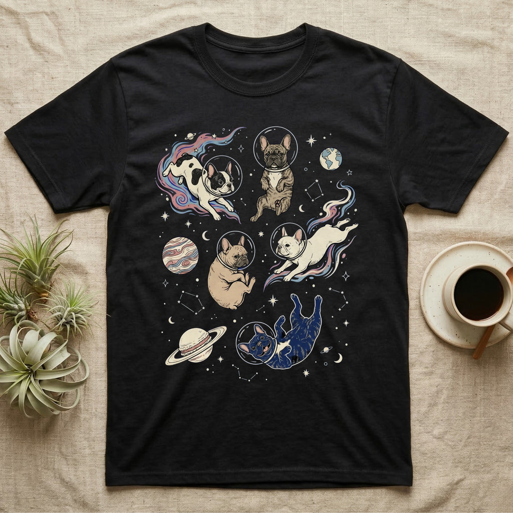 French bulldogs and a cat in astronaut helmets floating in space.