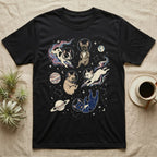 French bulldogs and a cat in astronaut helmets floating in space.