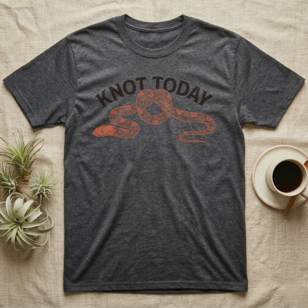 Corn Snake Knot Today T-Shirt in Dark Heather — Worn-stamp corn snake stretched into a half-tied bow beneath a fat arched "KNOT TODAY" headline.