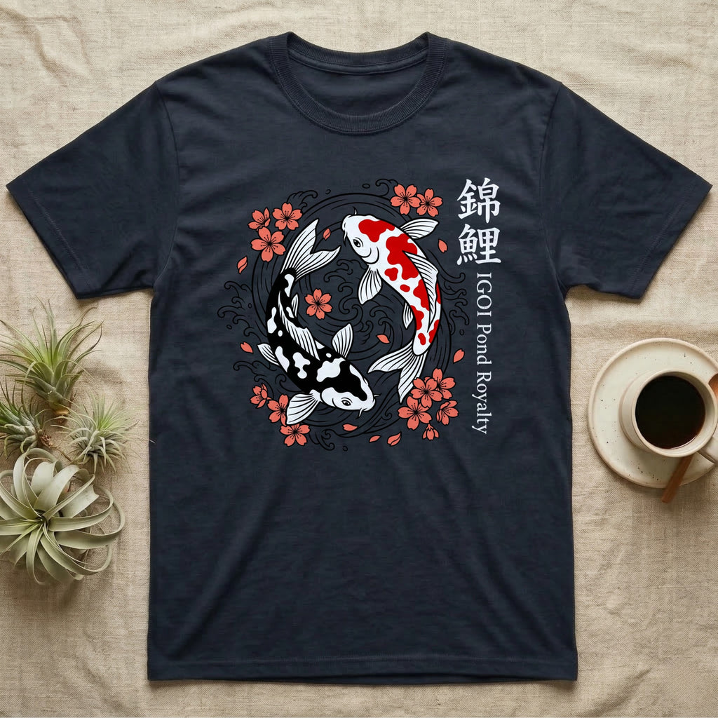 Dark t-shirt with two koi fish and cherry blossoms in a yin-yang design.