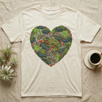 Cream t-shirt with a heart-shaped design of a frog and natural elements.