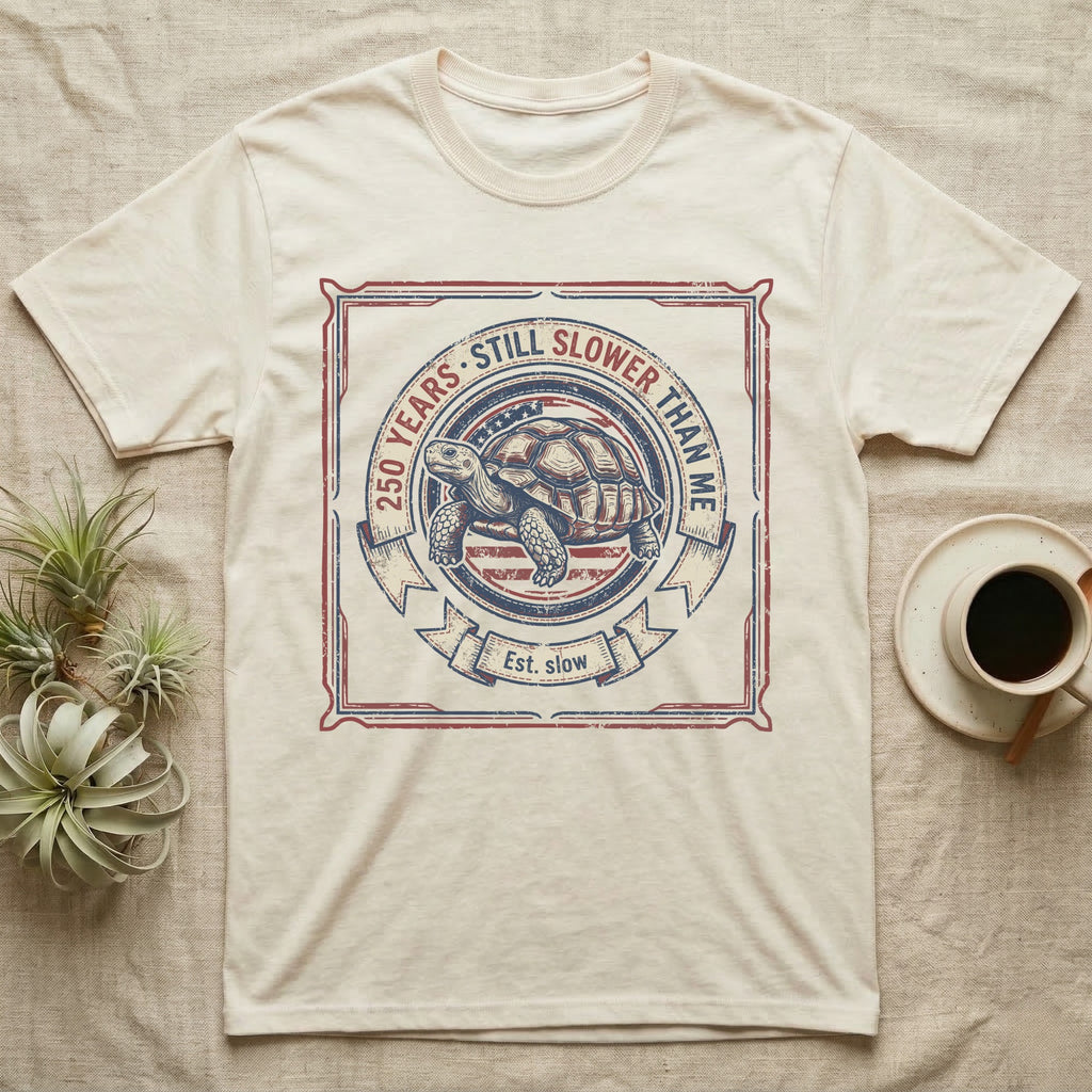 Slower Than Me Tortoise T-Shirt in Natural — Vintage-Americana roundel illustration of a tortoise with a banner reading "250 Years, Still Slower Than Me."