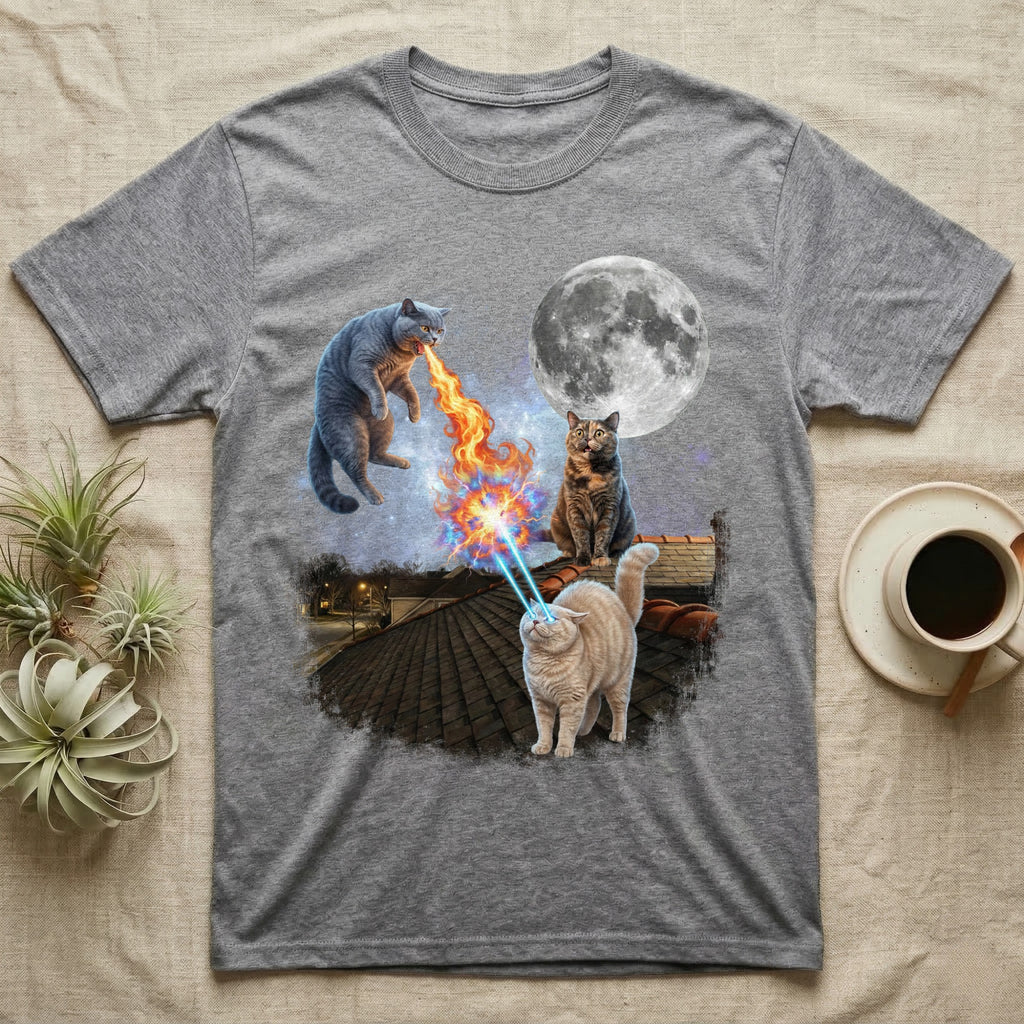 Cats with laser eyes and fire breath fighting on a rooftop under the moon.