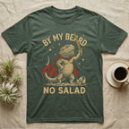 Bearded Dragon Knight T-Shirt in Military Green — Scratchboard bearded dragon knight with red cape and gold sword by a tipped salad bowl, lettered BY MY BEARD NO SALAD