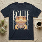 Dark t-shirt with a cartoon bearded dragon wearing sunglasses and pearl necklace.