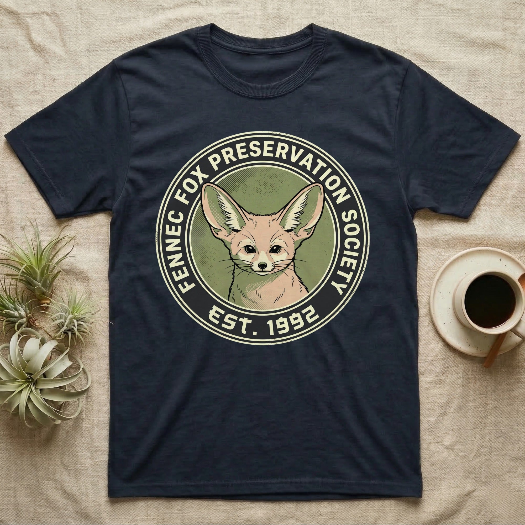 Dark blue t-shirt with a circular Fennec fox logo and "Fennec Fox Preservation Society Est. 1992".