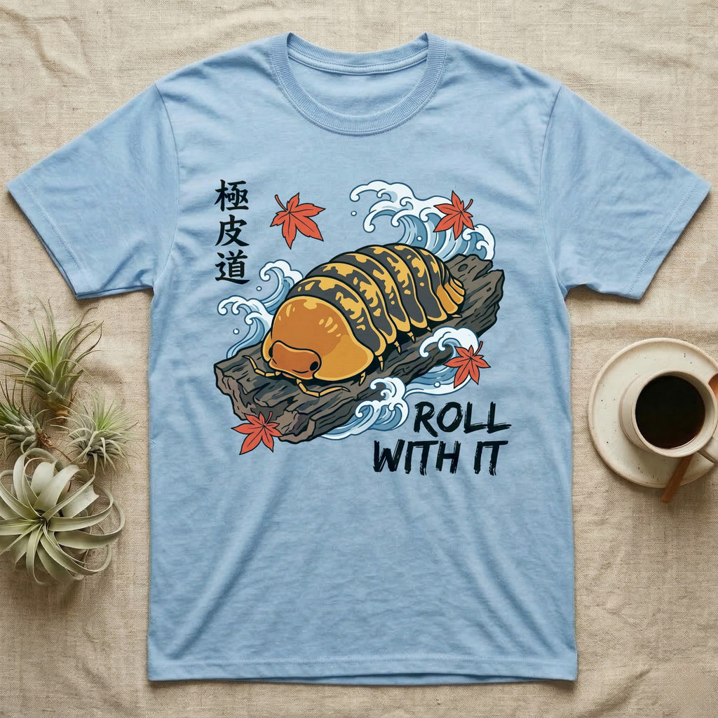 Rubber Ducky Isopod Ukiyo-e T-Shirt in Light Blue — Ukiyo-e woodblock rubber ducky isopod on cork bark among waves and maple leaves, "Roll With It".