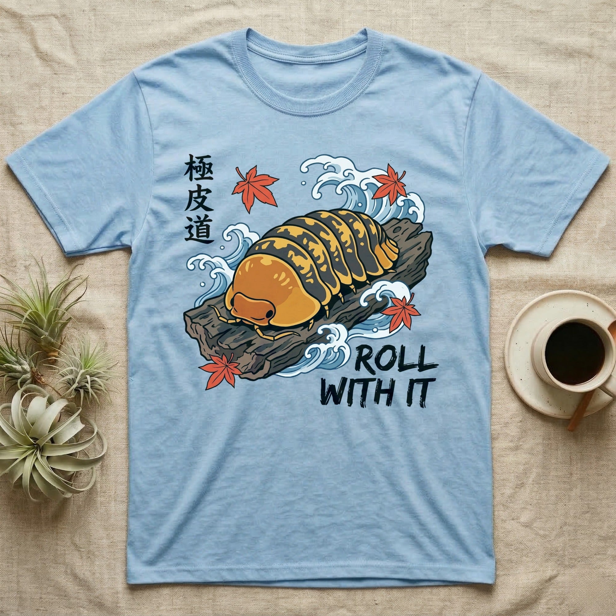 Rubber Ducky Isopod Ukiyo-e T-Shirt in Light Blue — Ukiyo-e woodblock rubber ducky isopod on cork bark among waves and maple leaves, "Roll With It".