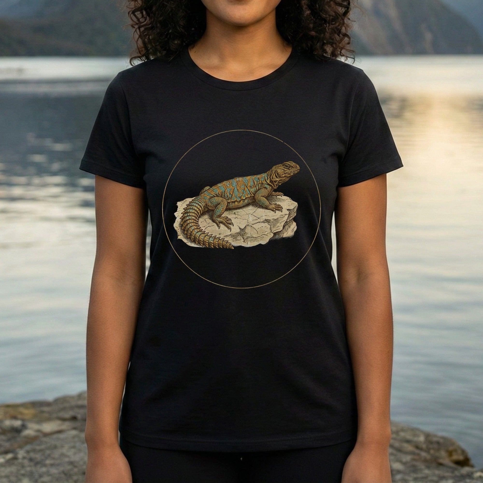 Colorful Lizard Illustration Black T-shirt Product