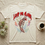 Satanic Leaf-Tailed Gecko Feral T-Shirt in Natural — Satanic leaf-tailed gecko gaping on a twig with dripping blood-red metal "Leaf Me Alone" wordmark above