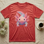 Red heathered t-shirt featuring a colorful axolotl graphic.